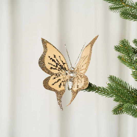 Gold Glitter Merry Butterfly Clip - On Ornament - Joy By