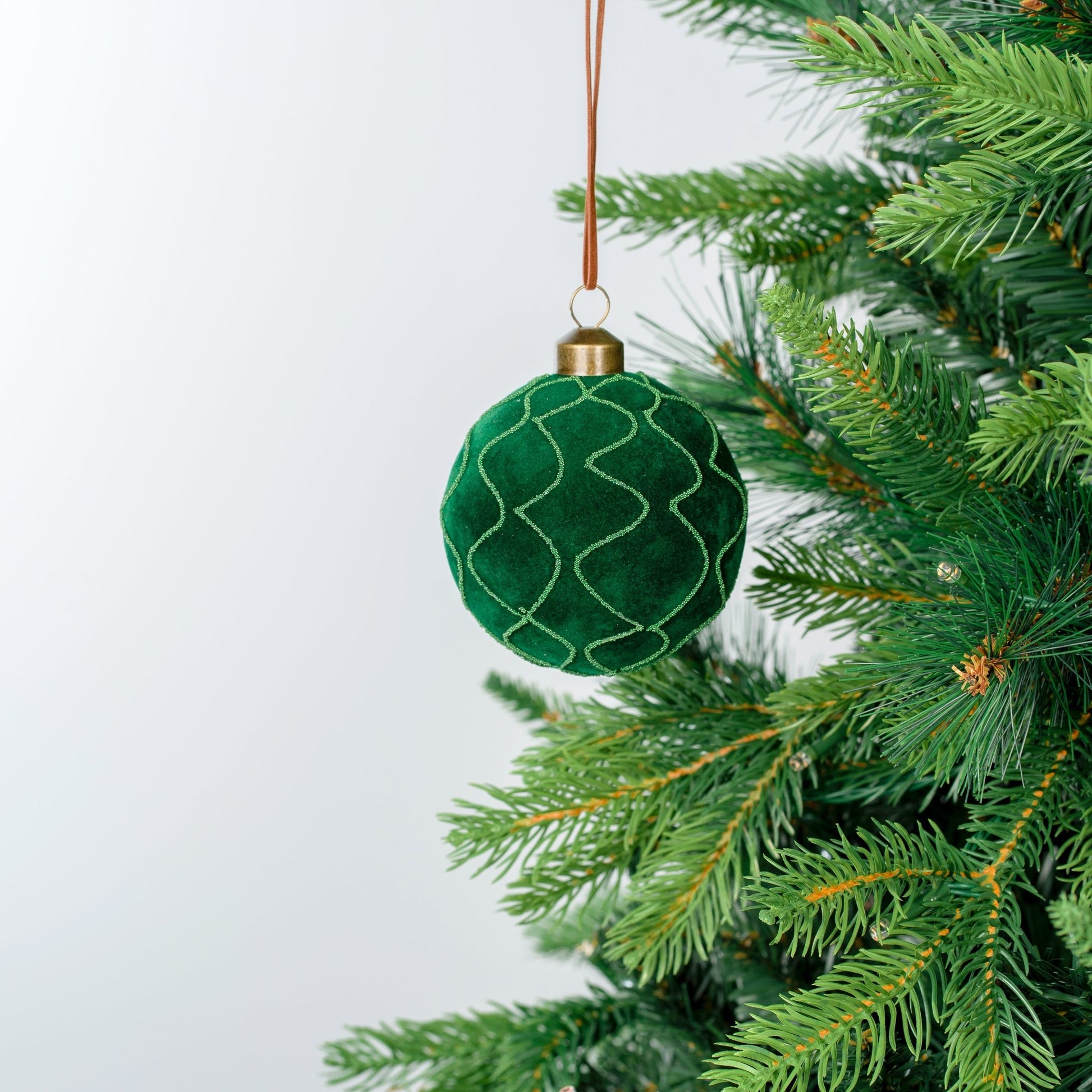 Green 3" Velvet Ball Ornament with Glitter Details - Joy By