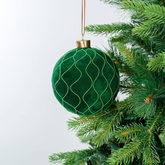 Green 5" Velvet Ball Ornament with Glitter Details - Joy By