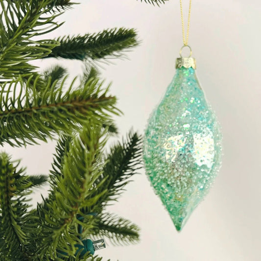 Green Glass Shuttle Ornament with Sugar Beads - Joy By