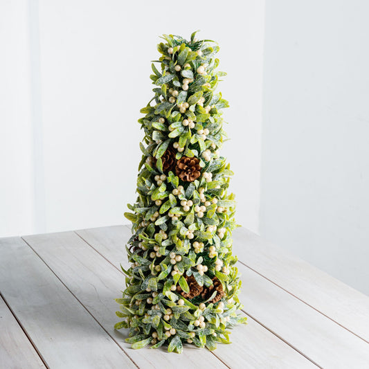 Green Glitter Mistotle Cone Tree With White Berry & Holly Leaves - Joy By