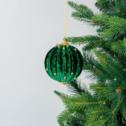 Green Velvet Ball Ornament with Gold trim Details - Joy By