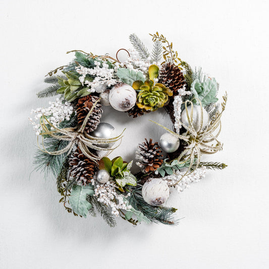 Green Wreath with Pinecones and Succulents - Joy By