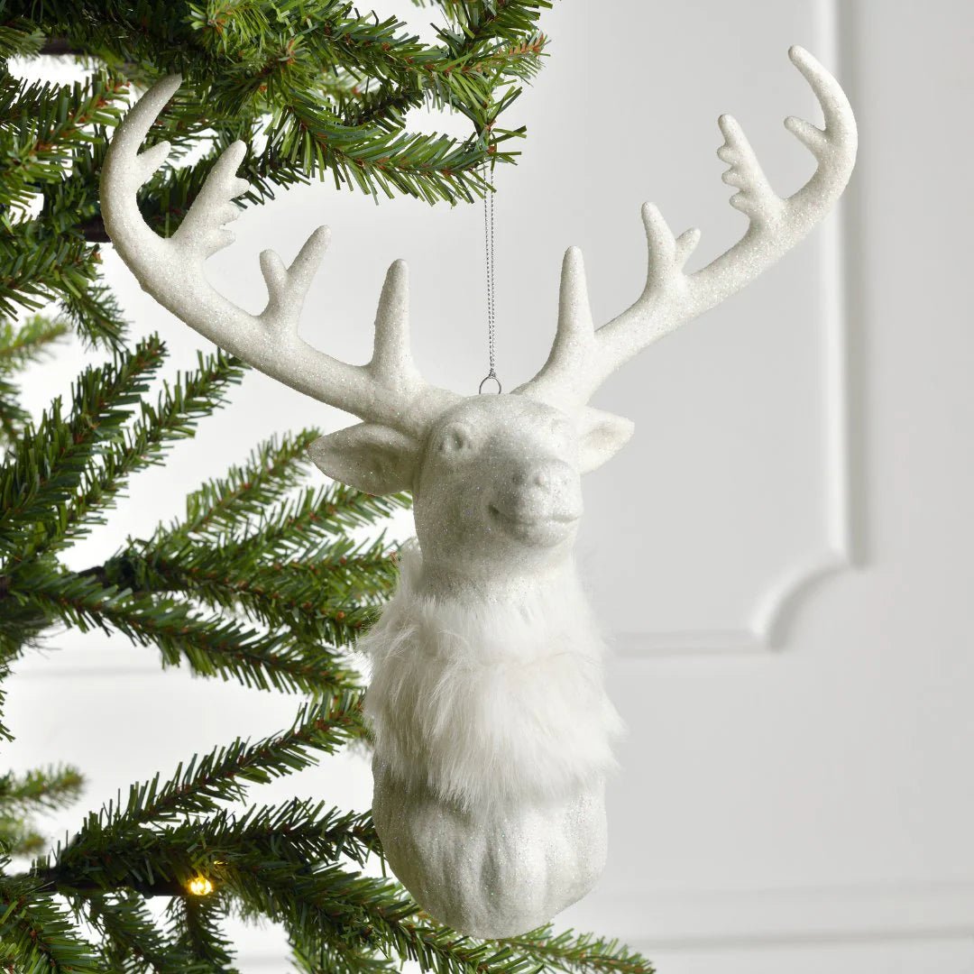 Iridescent White Glitter Deer Head Ornament - Joy By