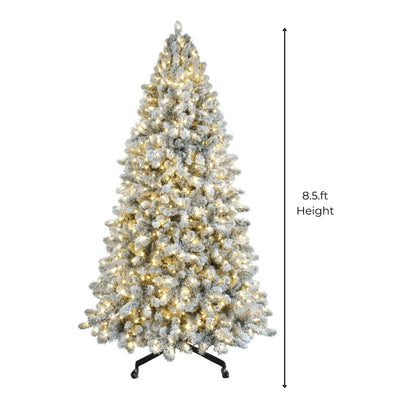 Joy By 8.5' Flocked Christmas tree with 900 Warm White LED Lights - Joy By