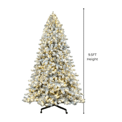 Joy By 9.5' Flocked Christmas tree with 1200 Warm White LED Lights - Joy By