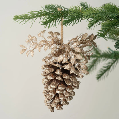 Large Pinecone Ornament With Gold Foliage - Joy By