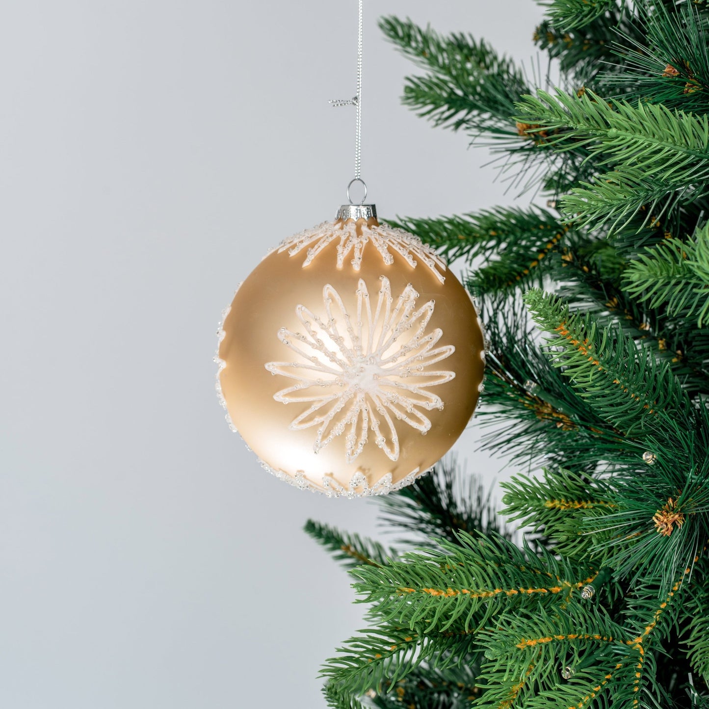 Matte Champagne Ball Ornament with White Glitter Blooms - Joy By