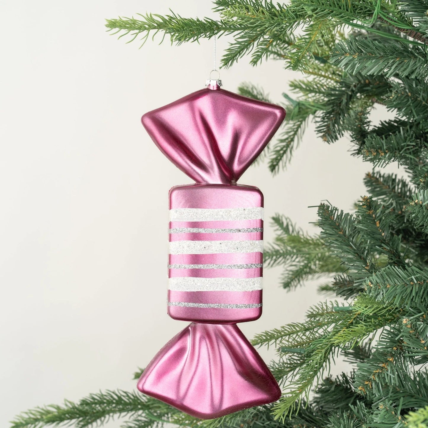 Matte Pink Candy Ornament With Silver Glitter - Joy By