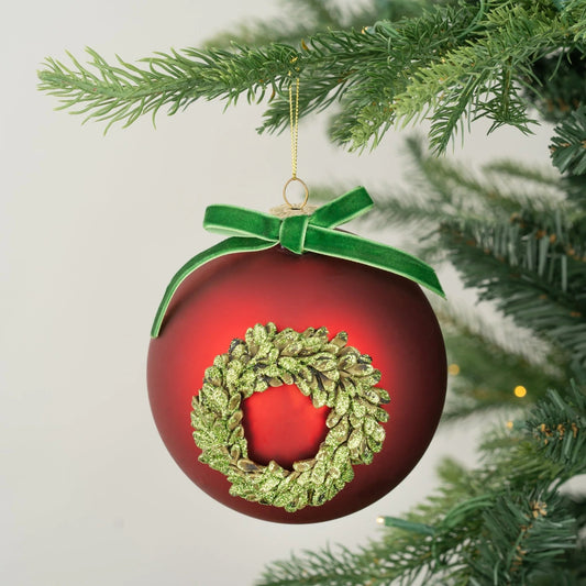 Matte Red Ball Ornament With Festive Wreath Detailing - Joy By