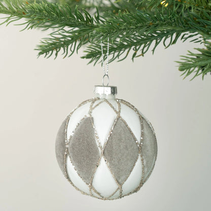 Matte White Ball Ornament With Grey Velour Detailing - Joy By