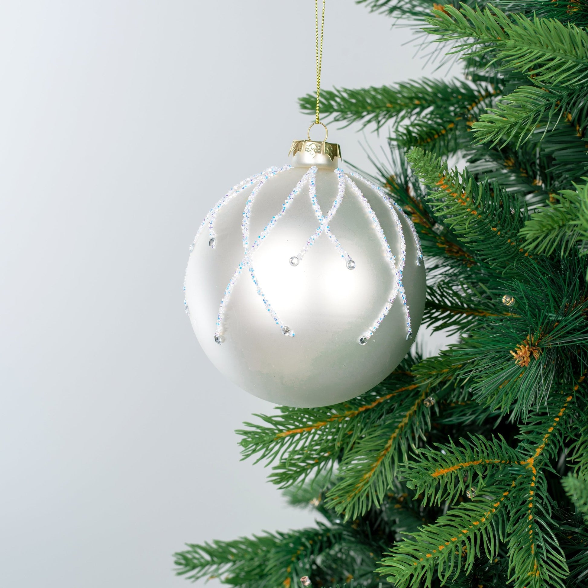 Matte White Ball Ornament with Iridescent Glitter - Joy By