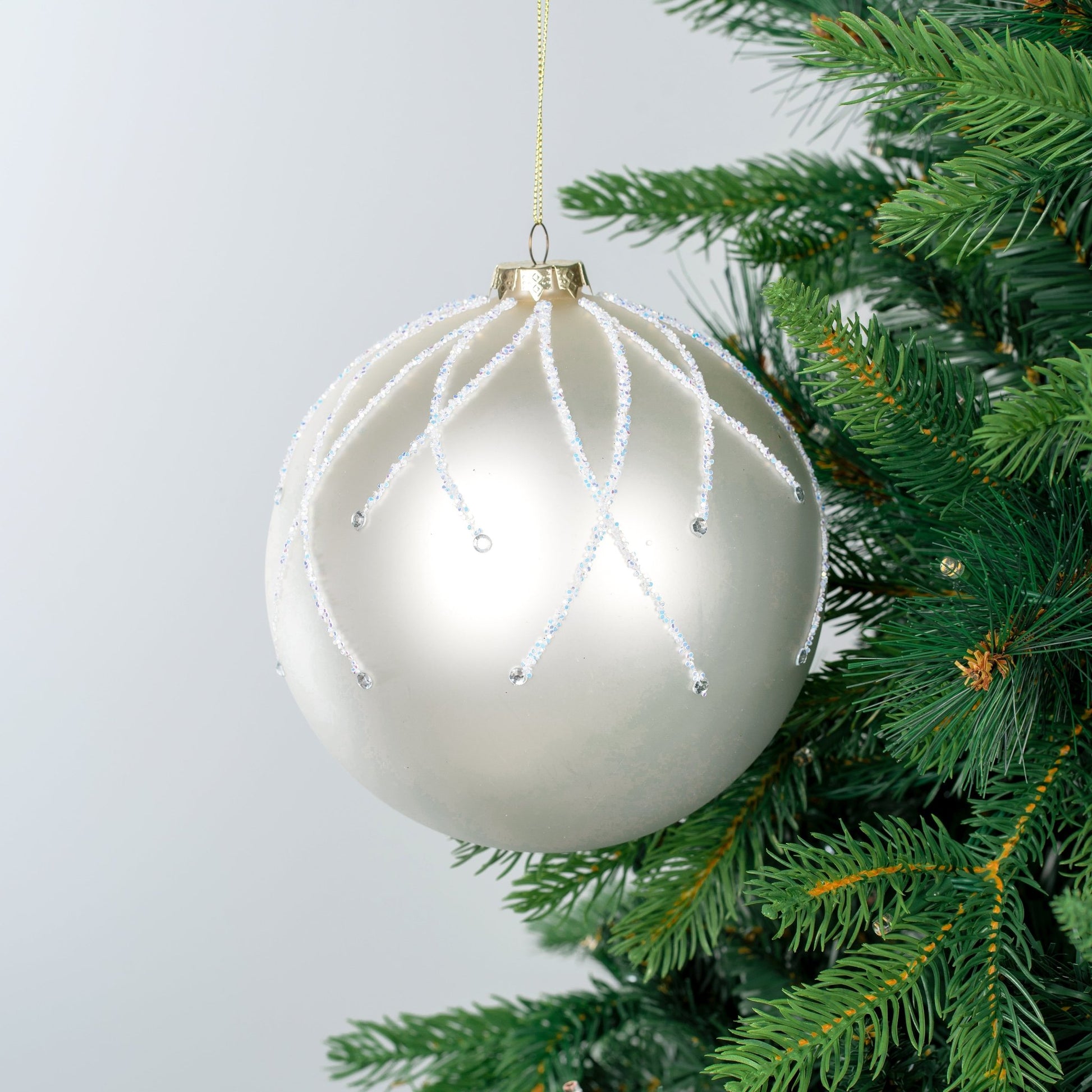 Matte White Ball Ornament with Iridescent Glitter - Joy By