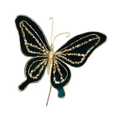 Metallic Emerald & Gold Velvet Festive Butterfly Pick - Joy By