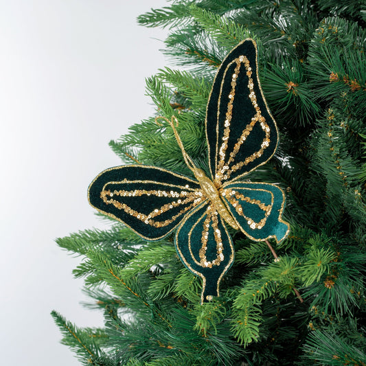 Metallic Emerald & Gold Velvet Festive Butterfly Pick - Joy By