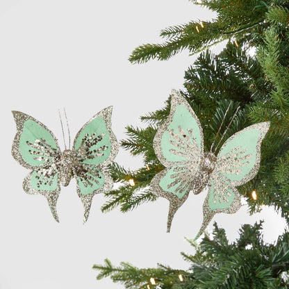 Mint Green With Gold Glitter Butterfly Clip - On Ornament - Joy By