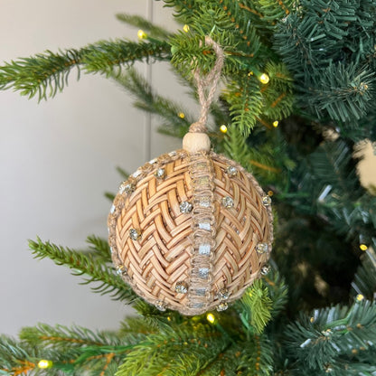 Natural Raffia Ball Ornament with Crystal Studs - Joy By