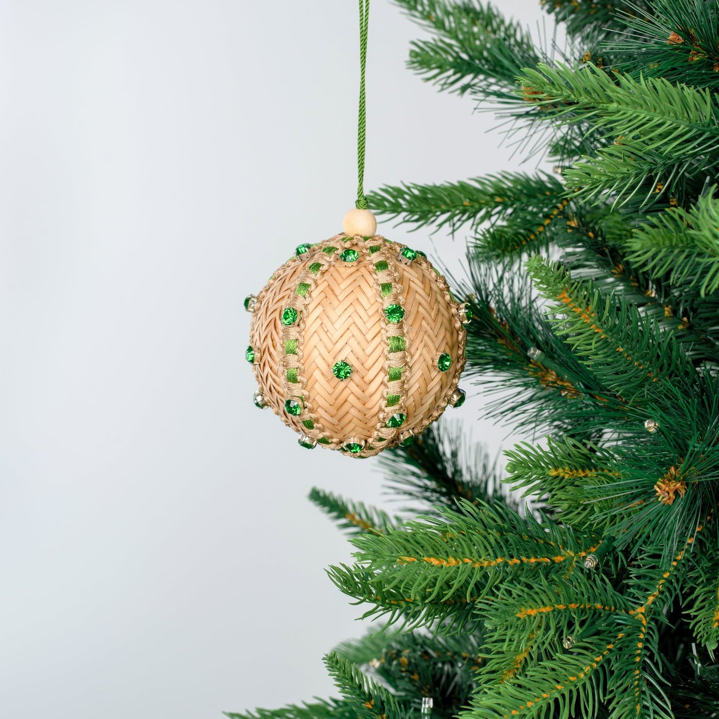 Natural Raffia Ball Ornament with Emerald Studs - Joy By