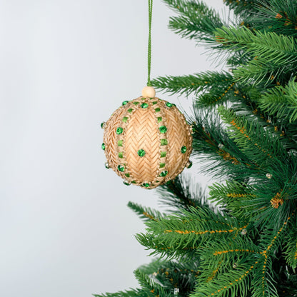 Natural Raffia Ball Ornament with Emerald Studs - Joy By