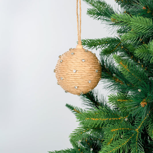 Natural Raffia Cord Ball Ornament with Crystal Studs - Joy By