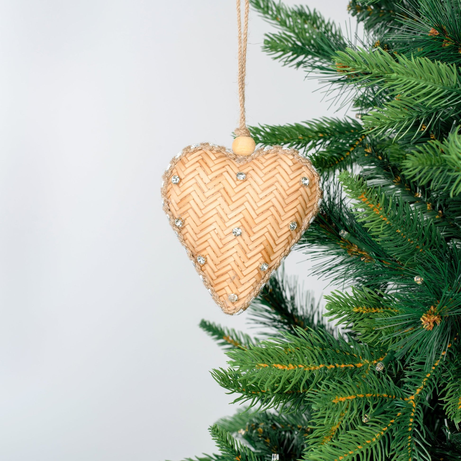 Natural Raffia Heart Ornament with Crystal Studs - Joy By