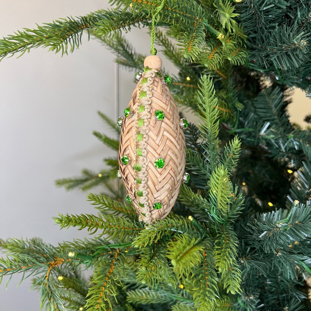 Natural Raffia Shuttle Ornament with Emerald Studs - Joy By