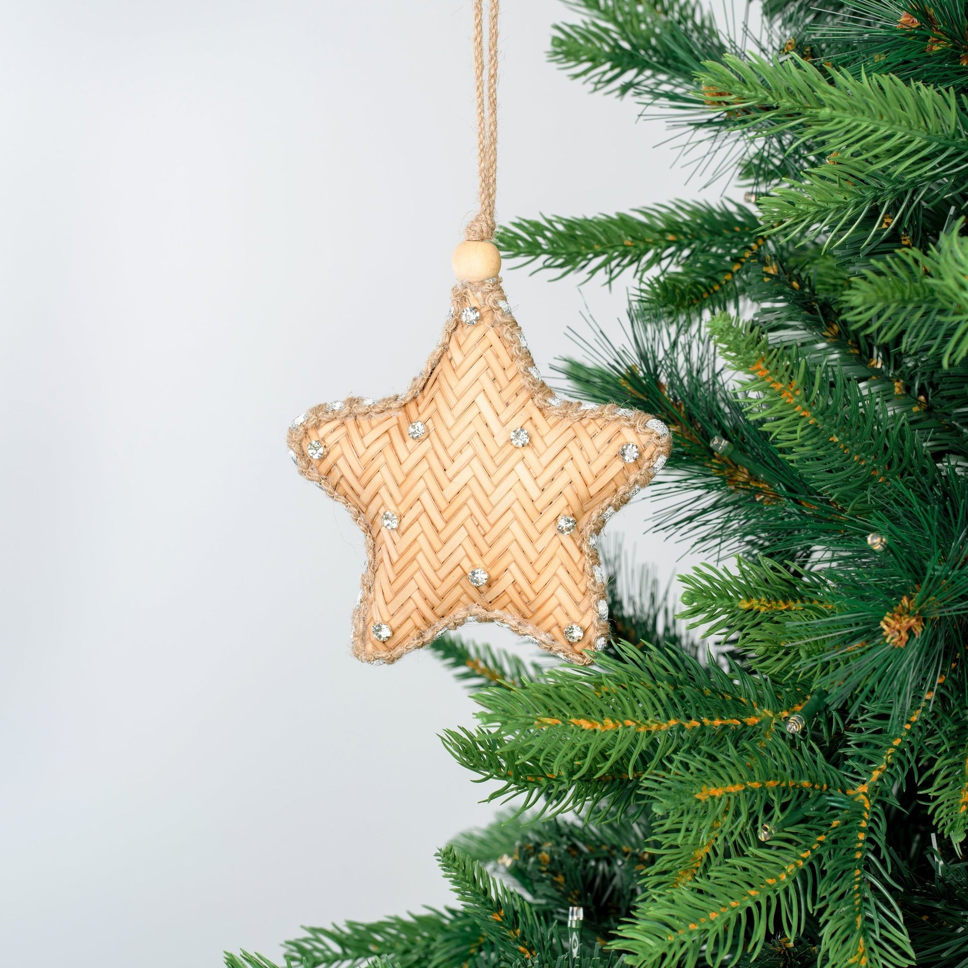 Natural Raffia Star Ornament with Crystal Studs - Joy By