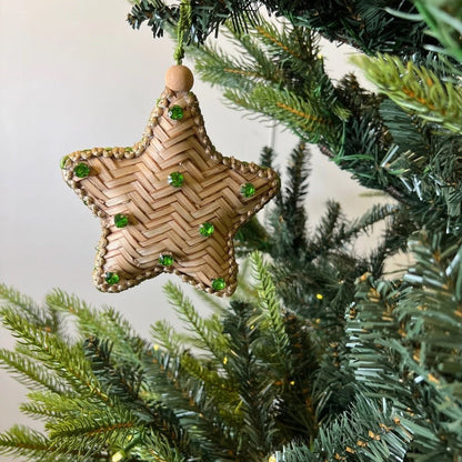 Natural Raffia Star Ornament with Emerald Studs - Joy By