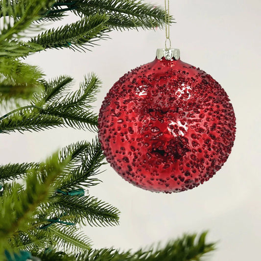 Red 4" Ball Ornament With Sugar Beads - Joy By