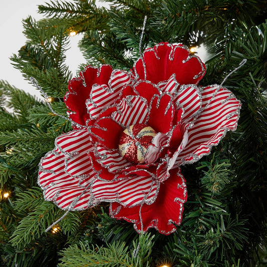 Red Candy Striped Peony Clip - On Flower Ornament - Joy By