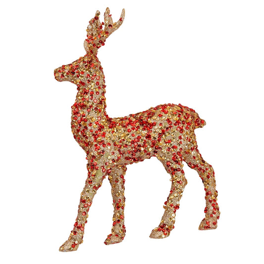 Red & Gold standing Deer with Sequins - Joy By