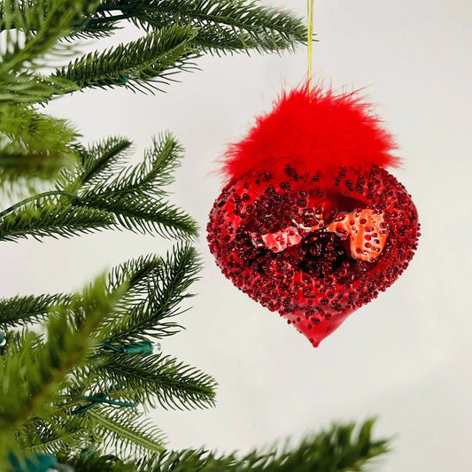 Red Sequins and Red Feather 4" Onion Ornament - Joy By