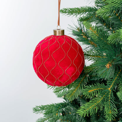 Red Velvet Ball Ornament with Glitter Details - Joy By