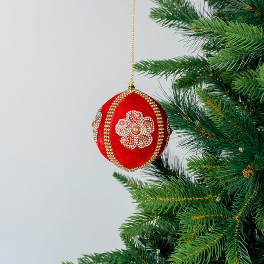 Red Velvet Ball Ornament with Gold Flower Patches - Joy By