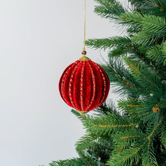 Red Velvet Ball Ornament with Gold trim Details - Joy By