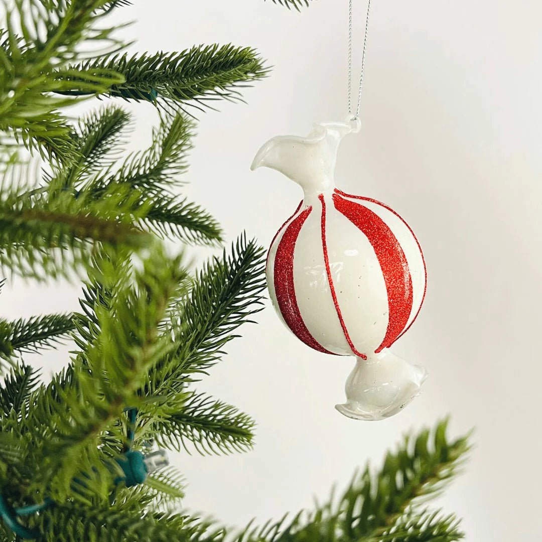 Red & White 4.5" Glass Candy Ornament - Joy By