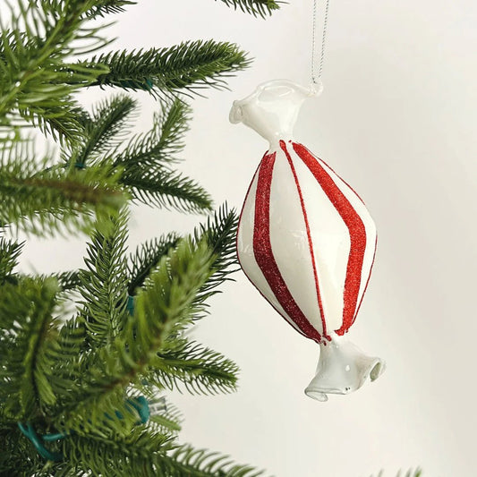 Red & White 5.7" Glass Candy Ornament - Joy By