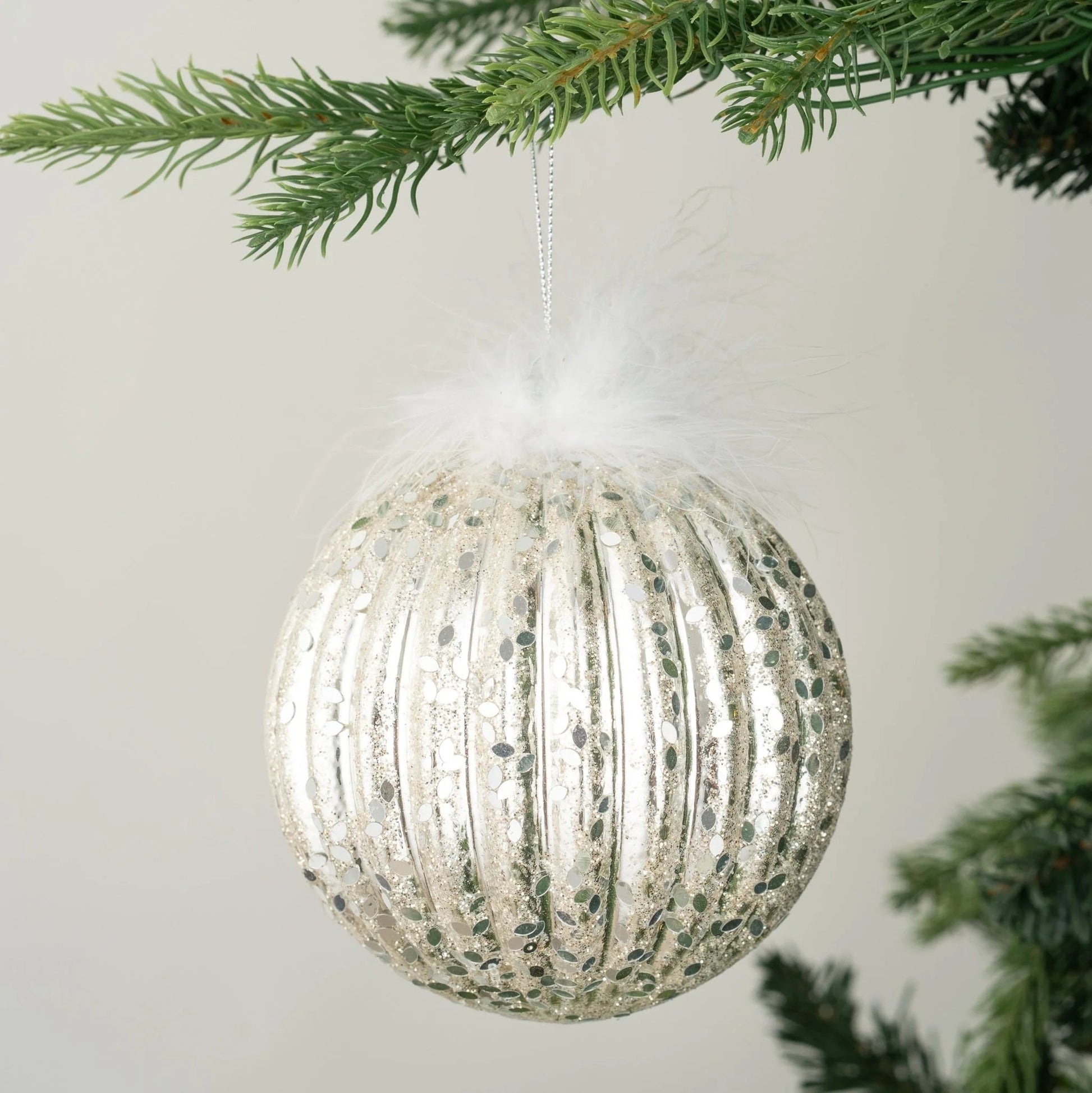 Ruched Silver Ball Ornament With Feathers - 5" - Joy By