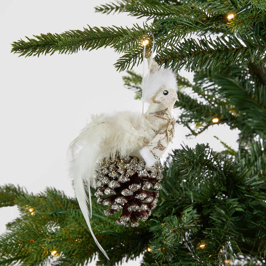 Rustic Bird On Pinecone Ornament With Platinum Glitter - Joy By