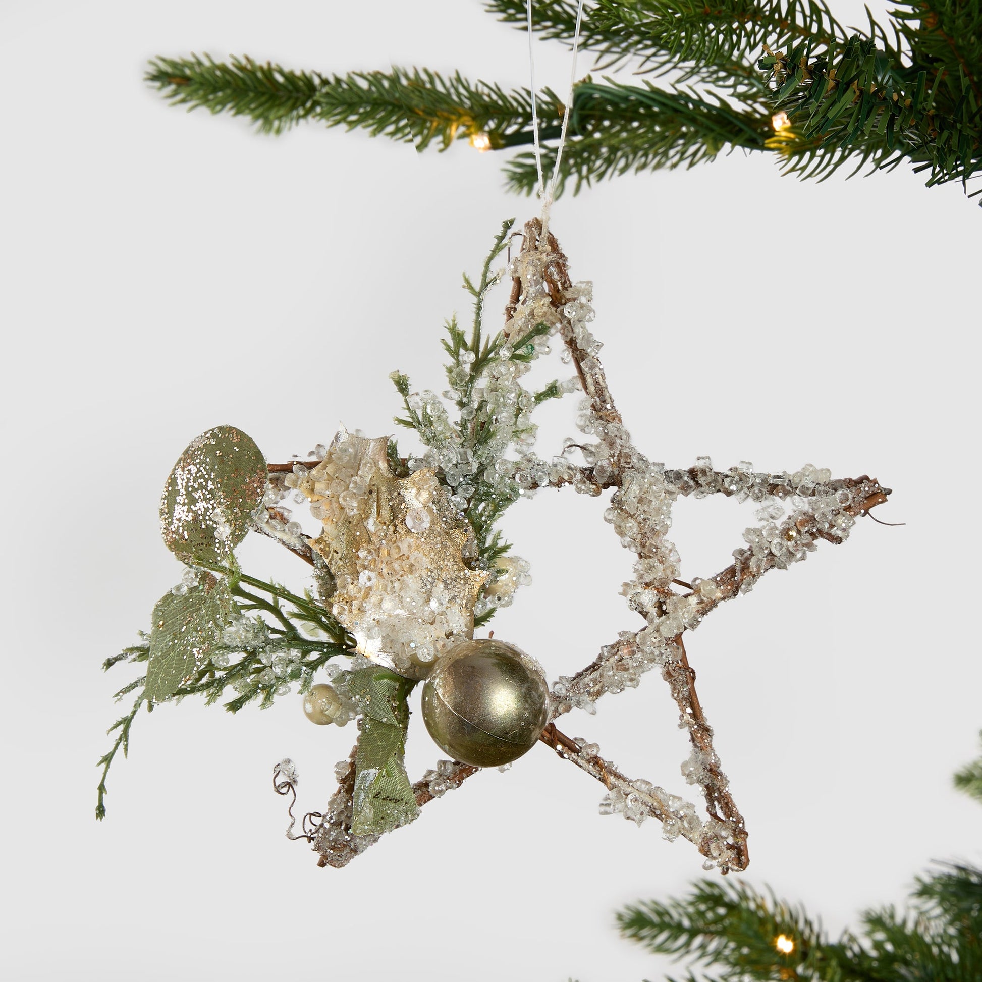 Rustic Snow Flocked Star With Foliage - Joy By