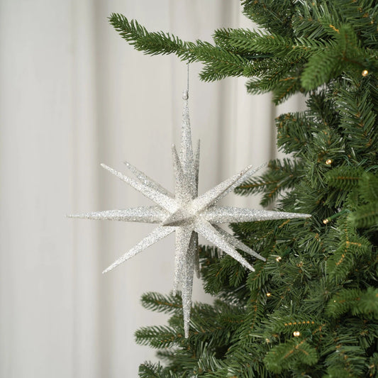 Silver 11 - Point Star Ornament With White Glitter - Joy By