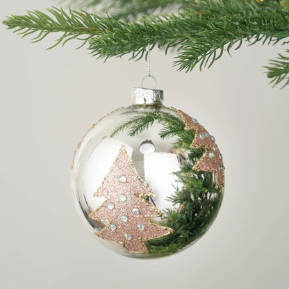 Silver Ball Ornament With Rose Gold Glitter Tree - Joy By