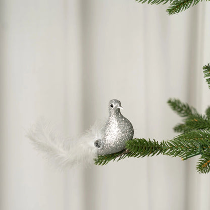 Silver Bird Clip - On Ornament With Glitter Tail & Feathers - Joy By