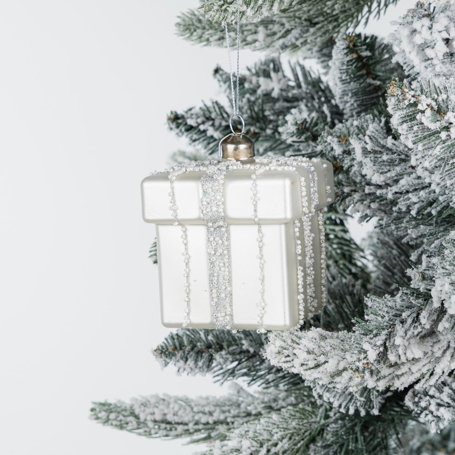 Silver Christmas Box Ornament with Shimmering Tassel - Joy By