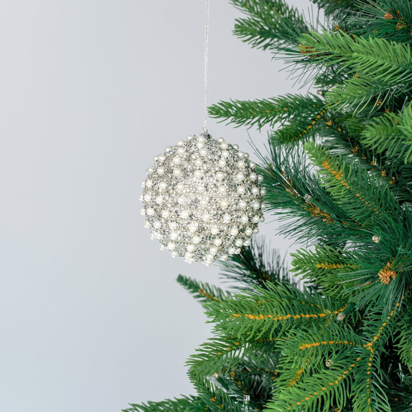 Silver Glitter Ball Ornament with Pearls - Joy By