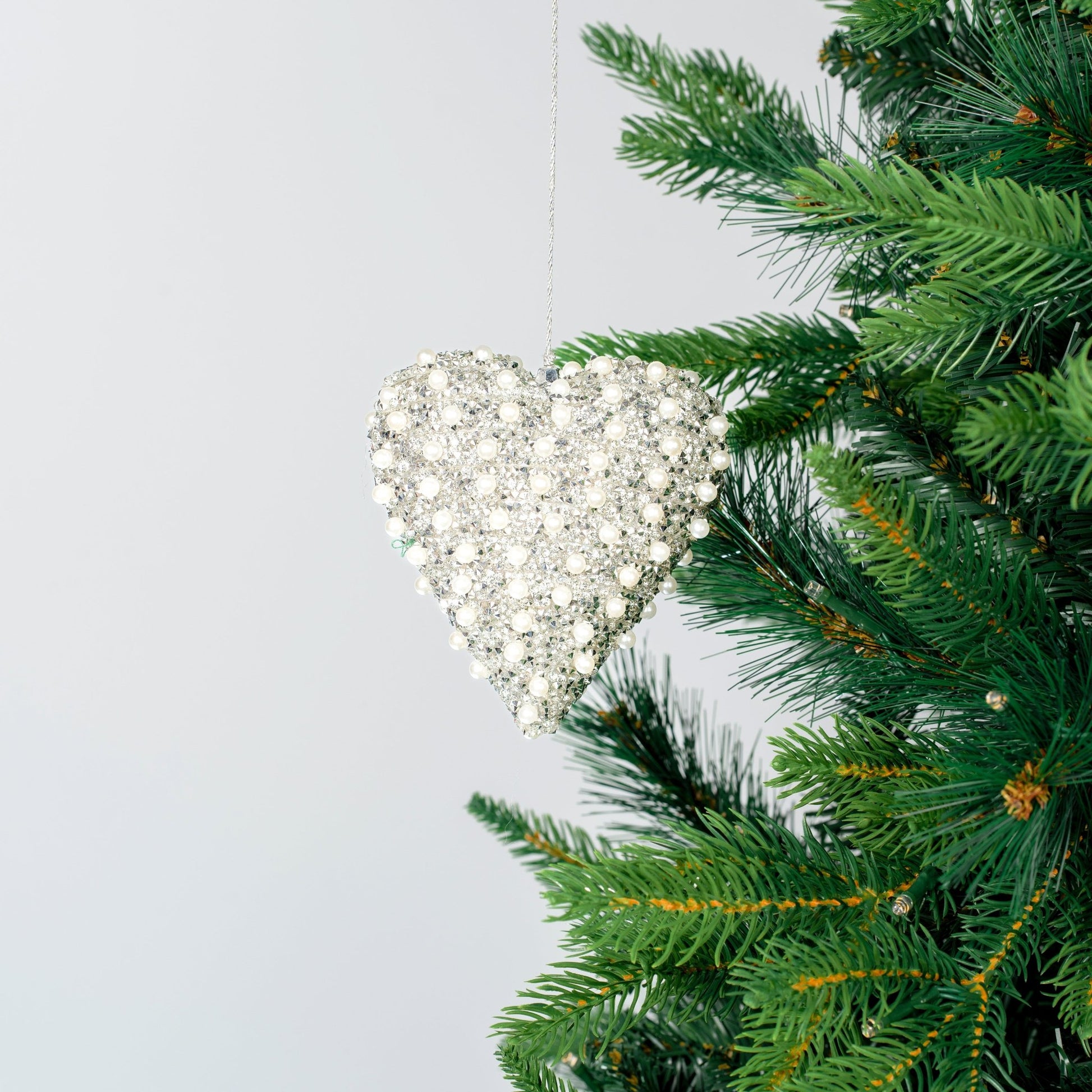 Silver Glitter Heart Ornament with Pearls - Joy By