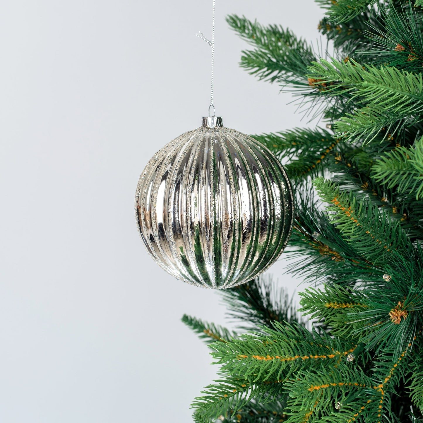 Silver Mirror Ribbed Ball Ornament - Joy By