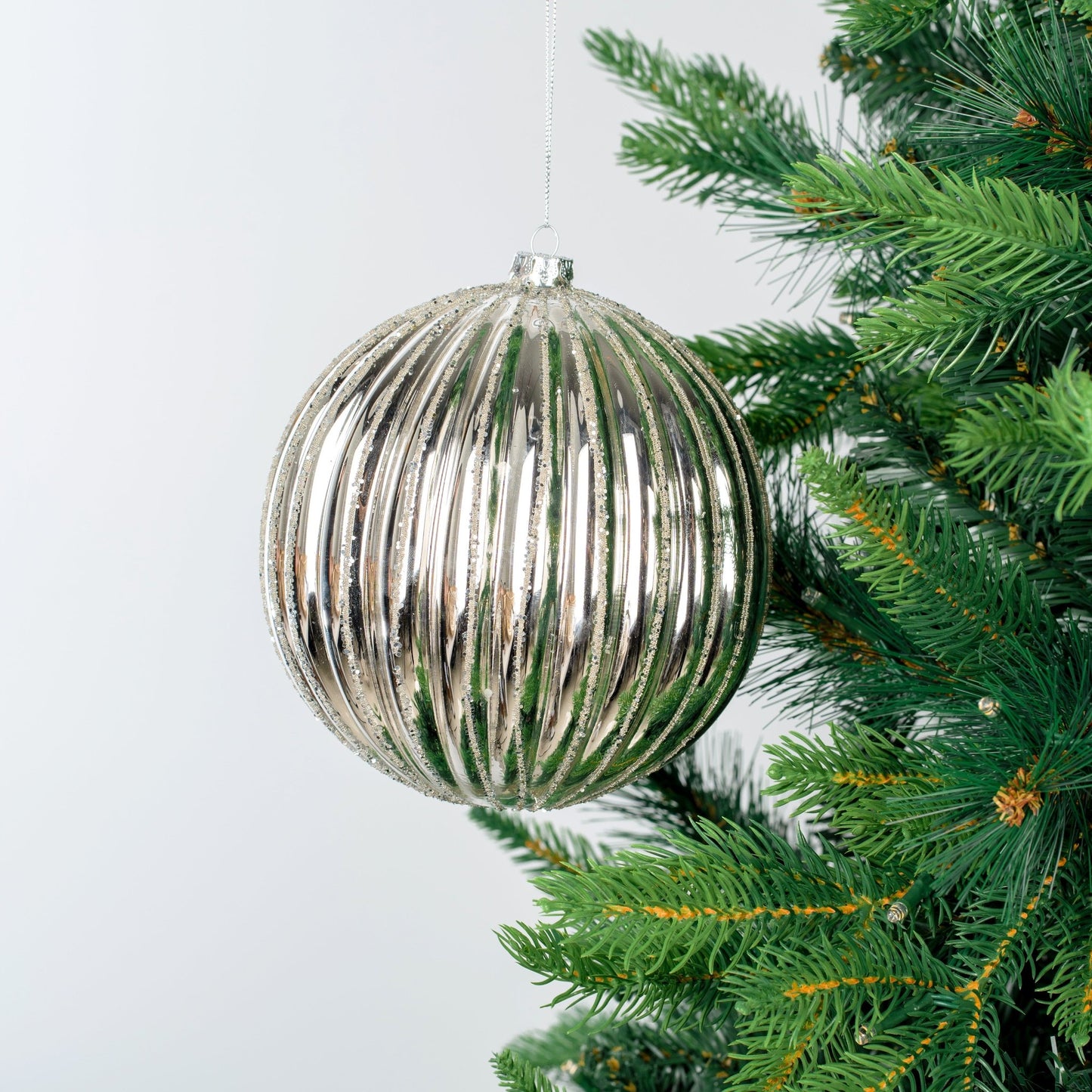 Silver Mirror Ribbed Ball Ornament - Joy By