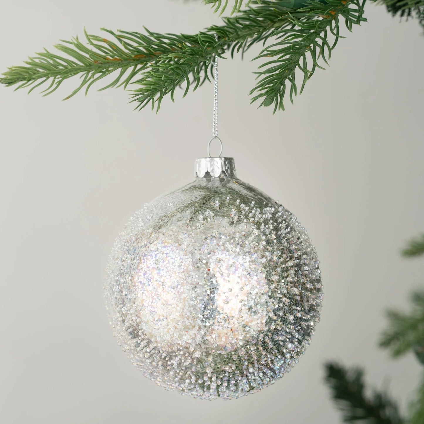 Sugar Crystal Silver Ball Ornament With Glitter - Joy By