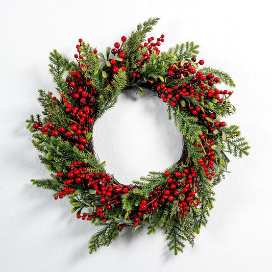 Traditional Christmas pine wreath with red berry & mistletoe - Joy By